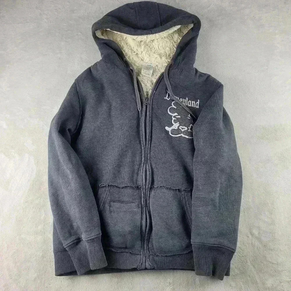 DISNEY PARKS Women's XL Grey Mickey Stitched Fleece Lined Zip Hooded Sweater